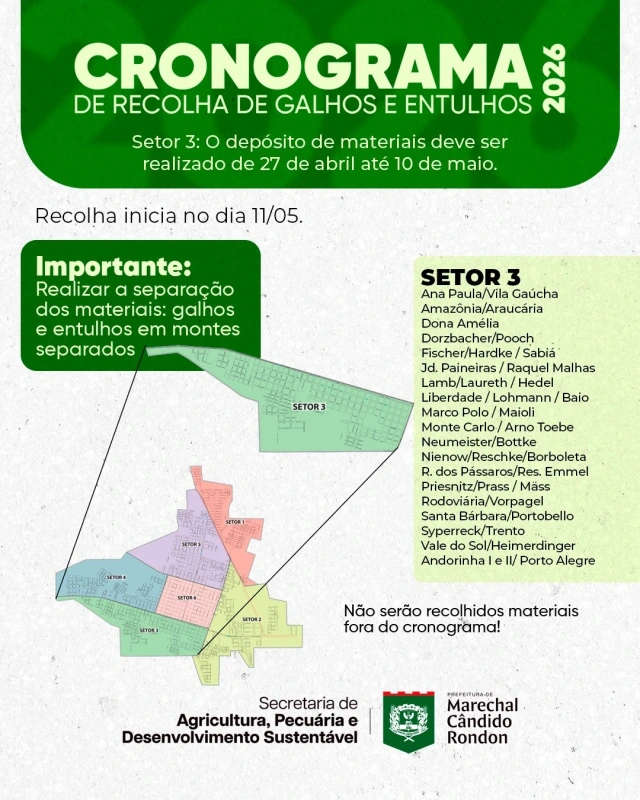 Depósito de galhos e entulhos no setor 3 pode ser realizado a partir desta segunda-feira