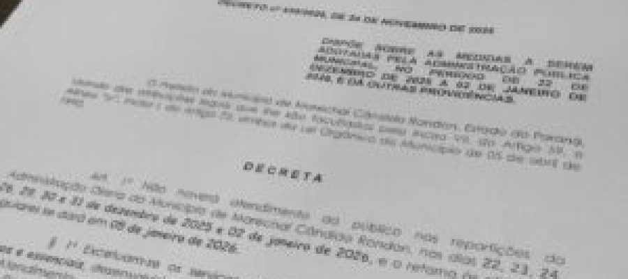 Definidos os horários de funcionamento das repartições públicas municipais rondonenses neste final de ano e início de 2026