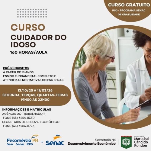 Prefeitura e Senac oferecem curso gratuito de Cuidador do Idoso