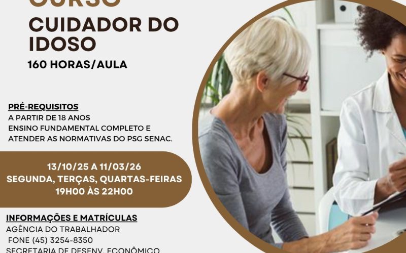 Prefeitura e Senac oferecem curso gratuito de Cuidador do Idoso