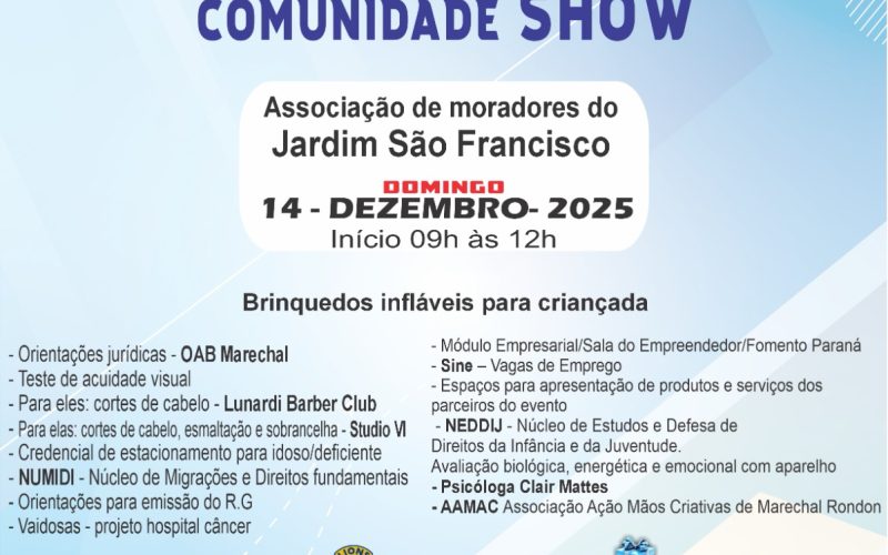 Projeto social “Comunidade Show” terá última edição do ano neste domingo no Jardim São Francisco.
