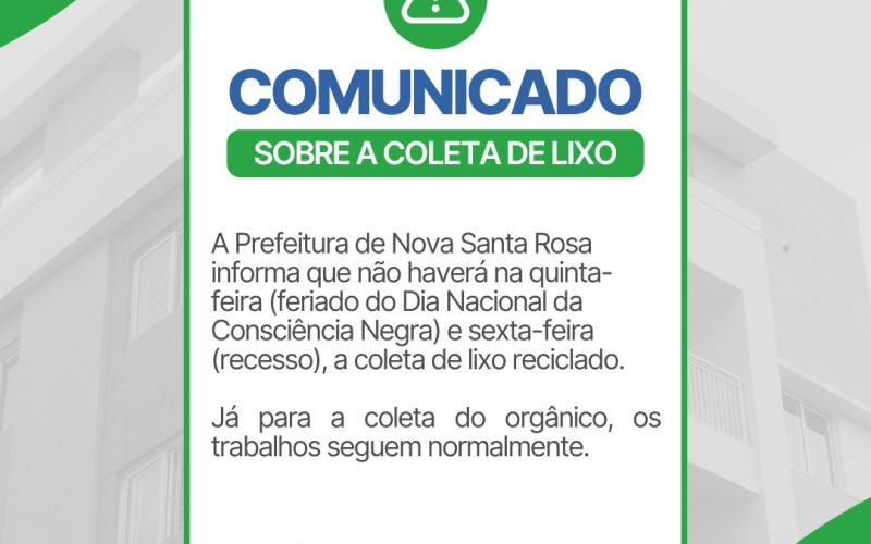 Prefeitura informa alterações na coleta de lixo nos dias 20 e 21 de novembro