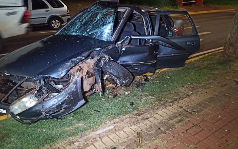 Veiculo fica destruído ao colidir contra árvore em Toledo